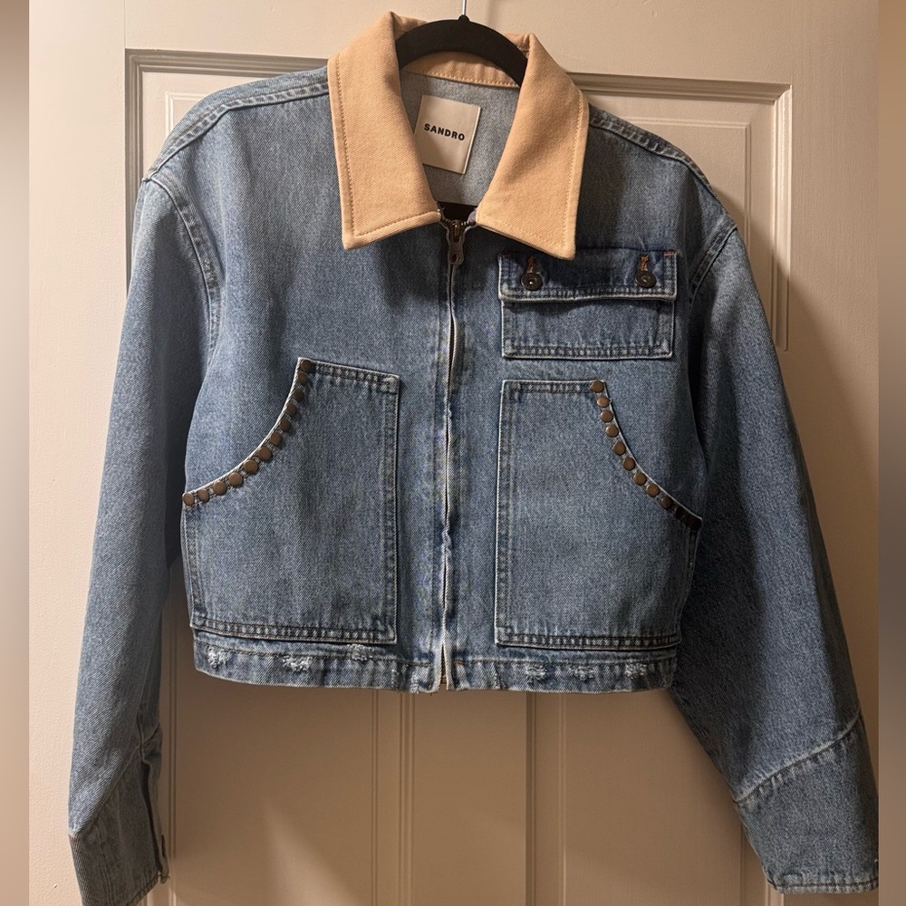 Sandro Light Blue Denim Jacket with Tan Corduroy Collar BNWT